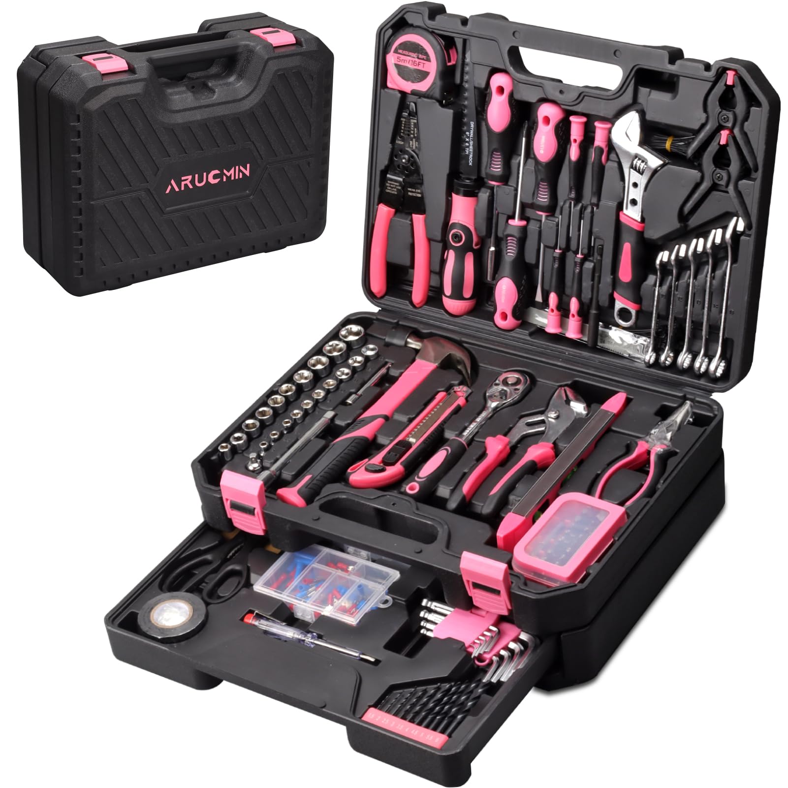 Photo 1 of ARUCMIN 450 Piece Pink Tool Set with Chrome-Vanadium Steel Tools - Home, Car & Workshop Repair Kit for Women, Non-Slip Grip, Snap -Tight Toolbox with Drawer