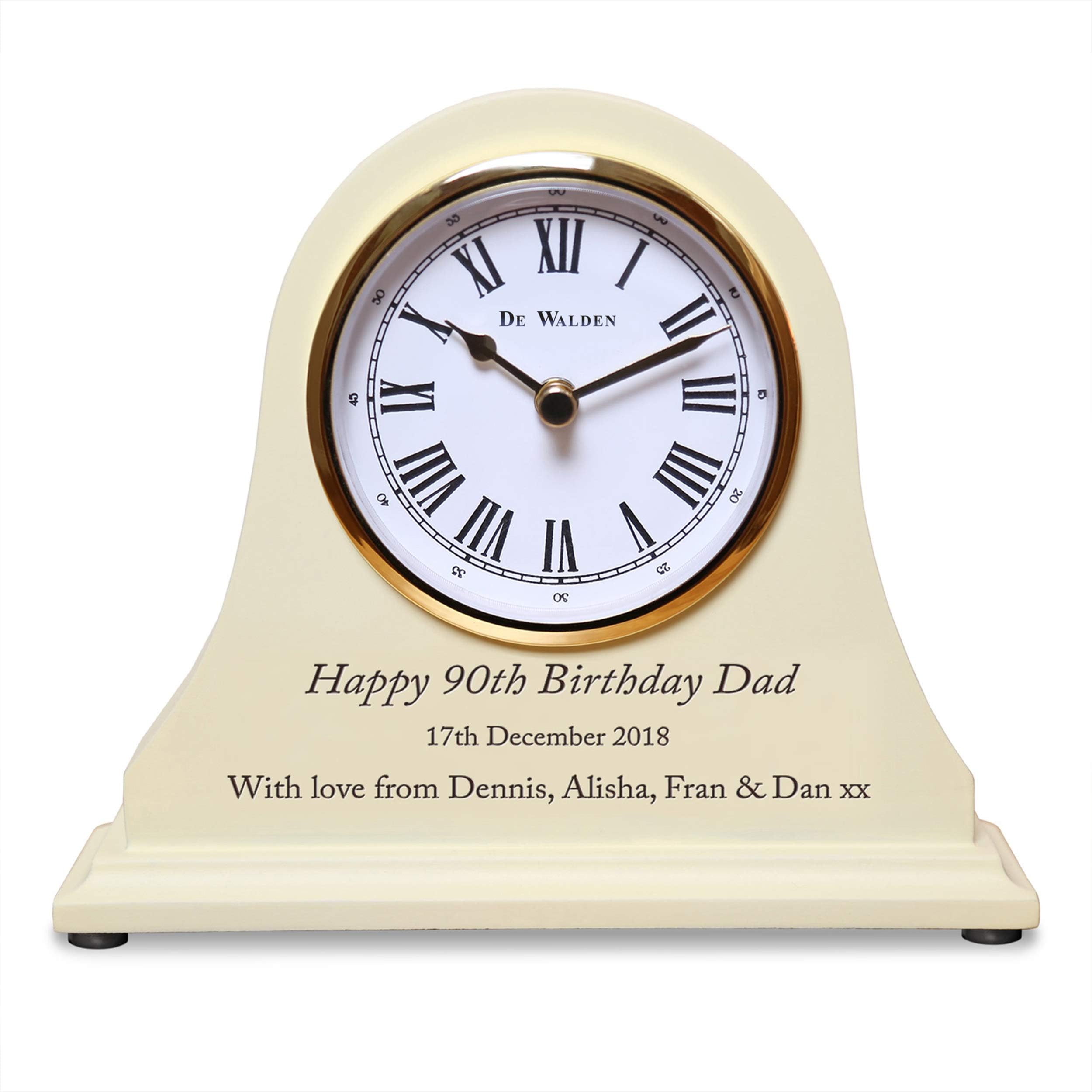 De Walden Boy’s 90th Birthday Gift Engraved Wooden Cream Mantel Clock 90 Years Gifts for Men 15cm x 18cm