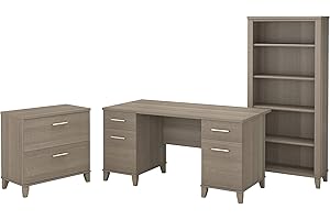 Bush Furniture Somerset 60W Office Desk with Lateral File Cabinet and 5 Shelf Bookcase in Ash Gray