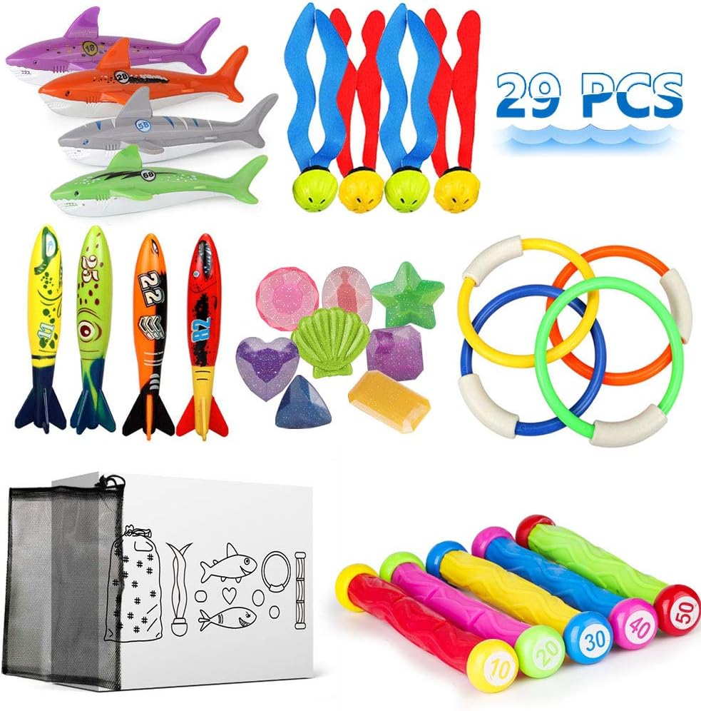 Epeolatry 29 PCS Diving Toy Set, Diving Pool Toy Rings, Torpedo Bandits, Diving Shark, Diving Sticks, Stringy Octopus and Under Water Treasures Gift Set Bundle with Portable Storage Bag for Kids