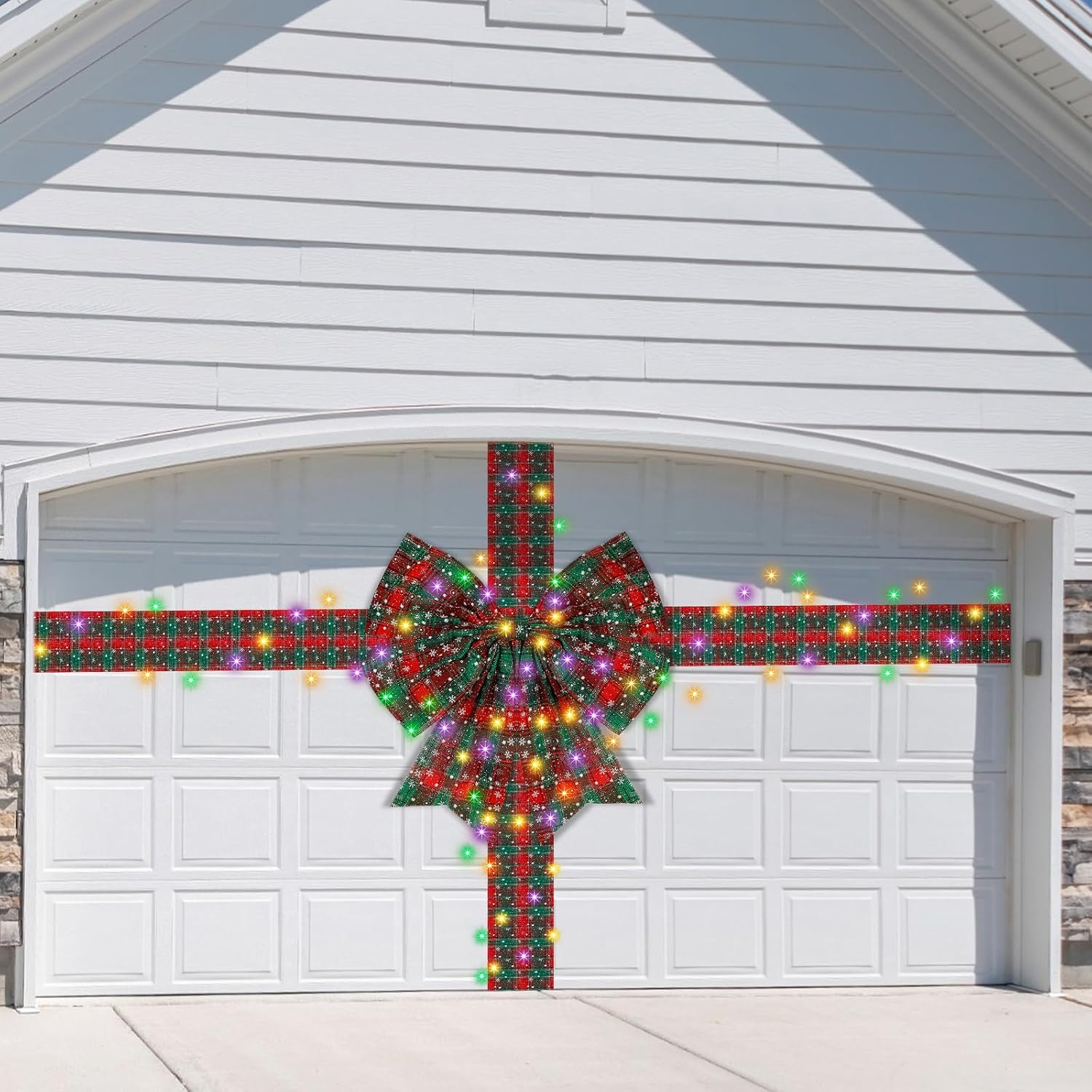 Garage Door Decorations - Lyrow Christmas Garage Door Decoration Garage Door Banner Cover Holiday Garage Banner Ribbon Bow Wrapping 11.8 x 19.7 ft DIY Outdoor Christmas Decorations with LED Light for Garage(Red Green)