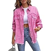 Women's Casual Ripped Denim Jacket Oversized Long Sleeve Button Down Raw Hem Distressed Jean Jackets