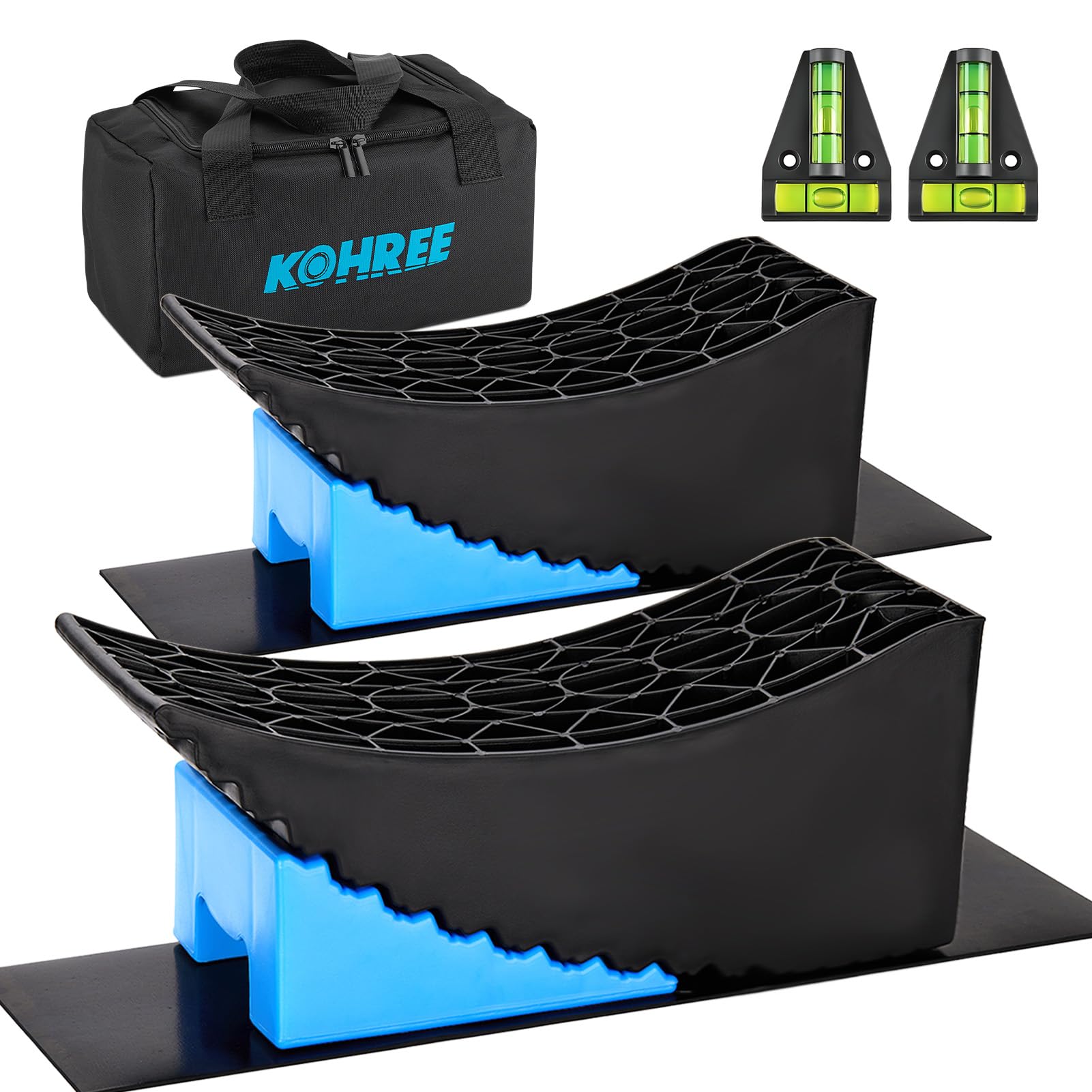 Photo 1 of Kohree RV Leveling Blocks 6 Inch, 2 Packs Sturdy Camper Curved Levelers with 2 Wheel Chocks, 2 Rubber Mats & Carry Bag, RV Leveling System for Single Dual Axle Travel Trailers