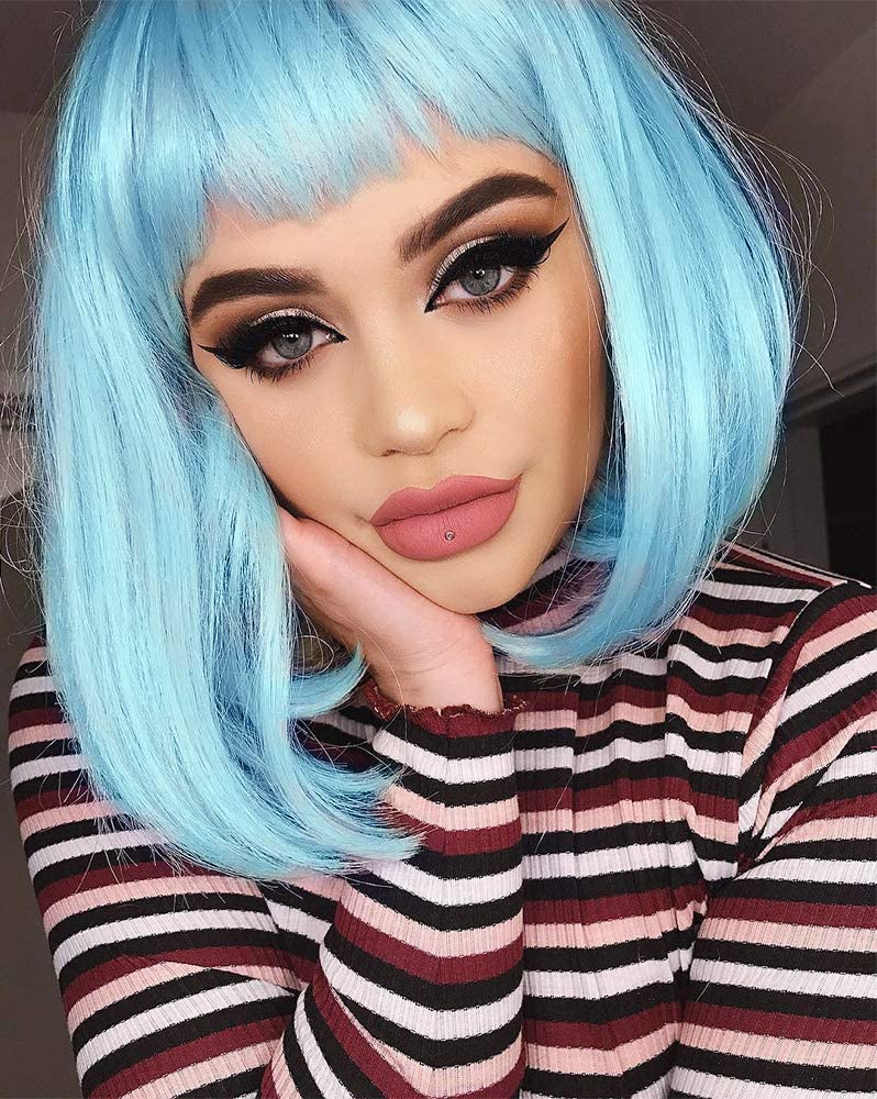 PORSMEER Short Lake Blue Bob Wigs with Fringe For Unisex Womens Girls Natural Synthetic Hair Colorful Costume Cosplay Wig for Anime Halloween Fancy Dress Party+Wig Cap — image 1