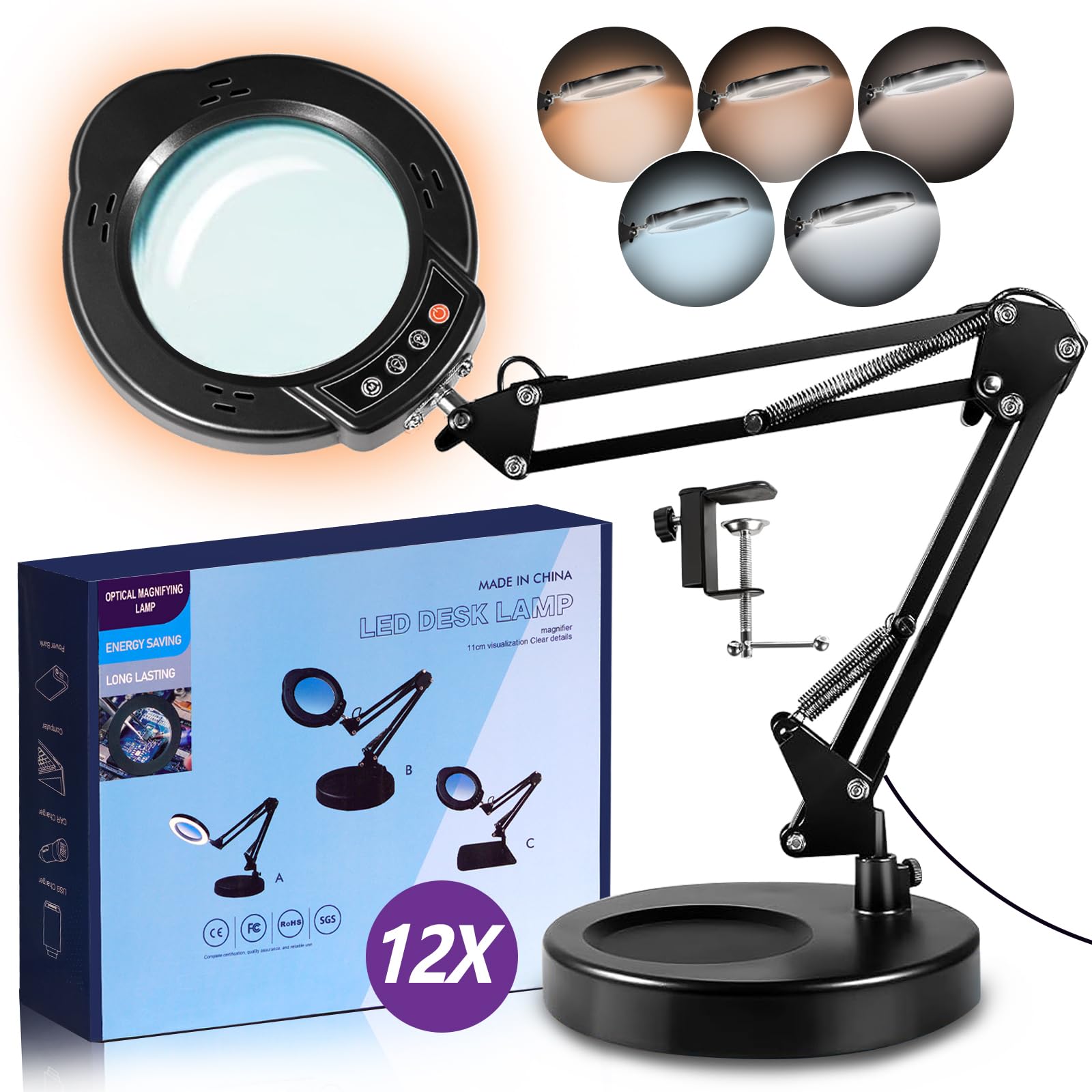 Photo 1 of 12X Magnifying Glass with Light and Stand, 5 Color Modes 10 Stepless Dimmable, Real Glass 84 LED Lighted Magnifying Glass with Swing Arm, Magnifying Lamp for Crafts Reading Painting Sewing Close Work