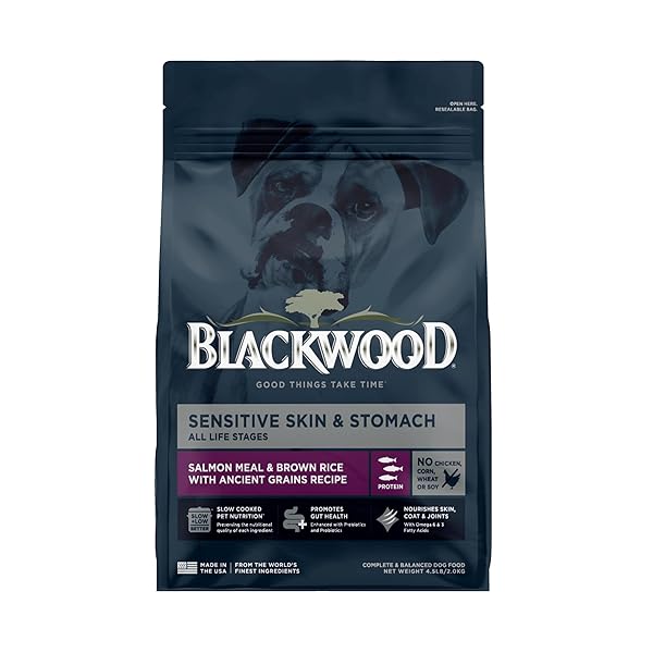 BLACKWOOD SENSITIVE SKIN & STOMACH DRY DOG FOOD, SALMON MEAL & BROWN RICE WITH ANCIENT GRAINS, 4.5 POUND BAG WITH PREBIOTICS & PROBIOTICS TO PROMOTE GUT HEALTH