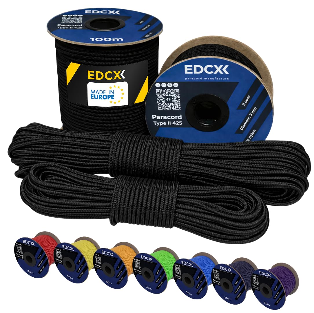 EdcX 3 mm Nylon Paracord 425 (15, 30, 50 and 100m) – 3 mm Type II, 100% Nylon Rope, 3 Strand Rope, 3 mm Nylon Rope in Many Colors (Black, 30 m)