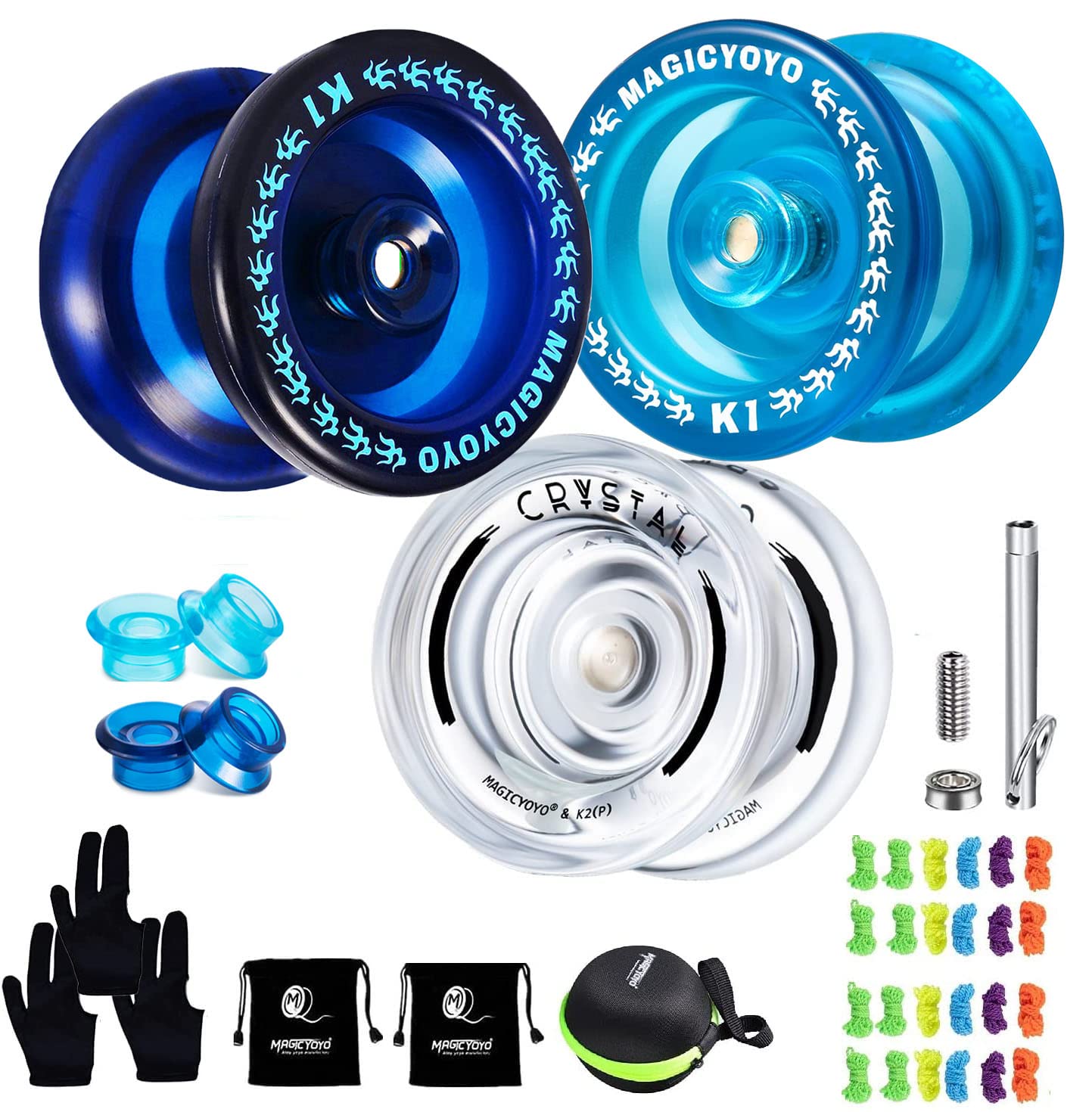 K1 Responsive Yoyo for Kids, Dual Function Yo Yo K2 for Unresponsive Yoyo with KK Bearing, Plastic Crystal Yoyos 3 Pack+Yoyo Strings+Bearing Removal Tool+KK Bearing+Bags