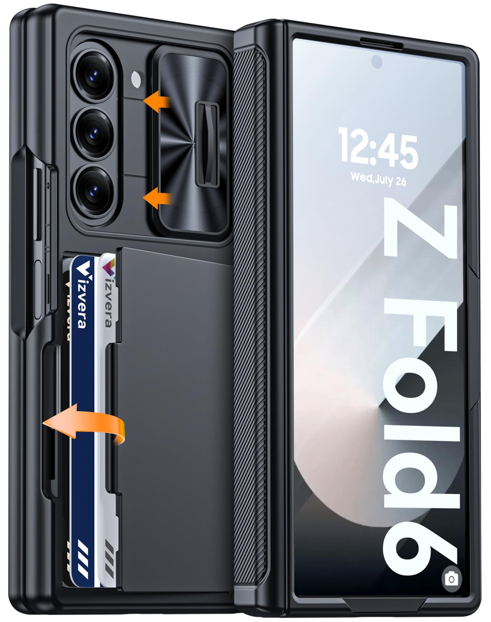 Vizvera for Samsung Galaxy Z Fold 6 Case RFID Wallet with Cards Holder [Hinge Cover] [Camera Cover] Shockproof Silicone Protective Phone Case for Z Fold 6 2024-Black