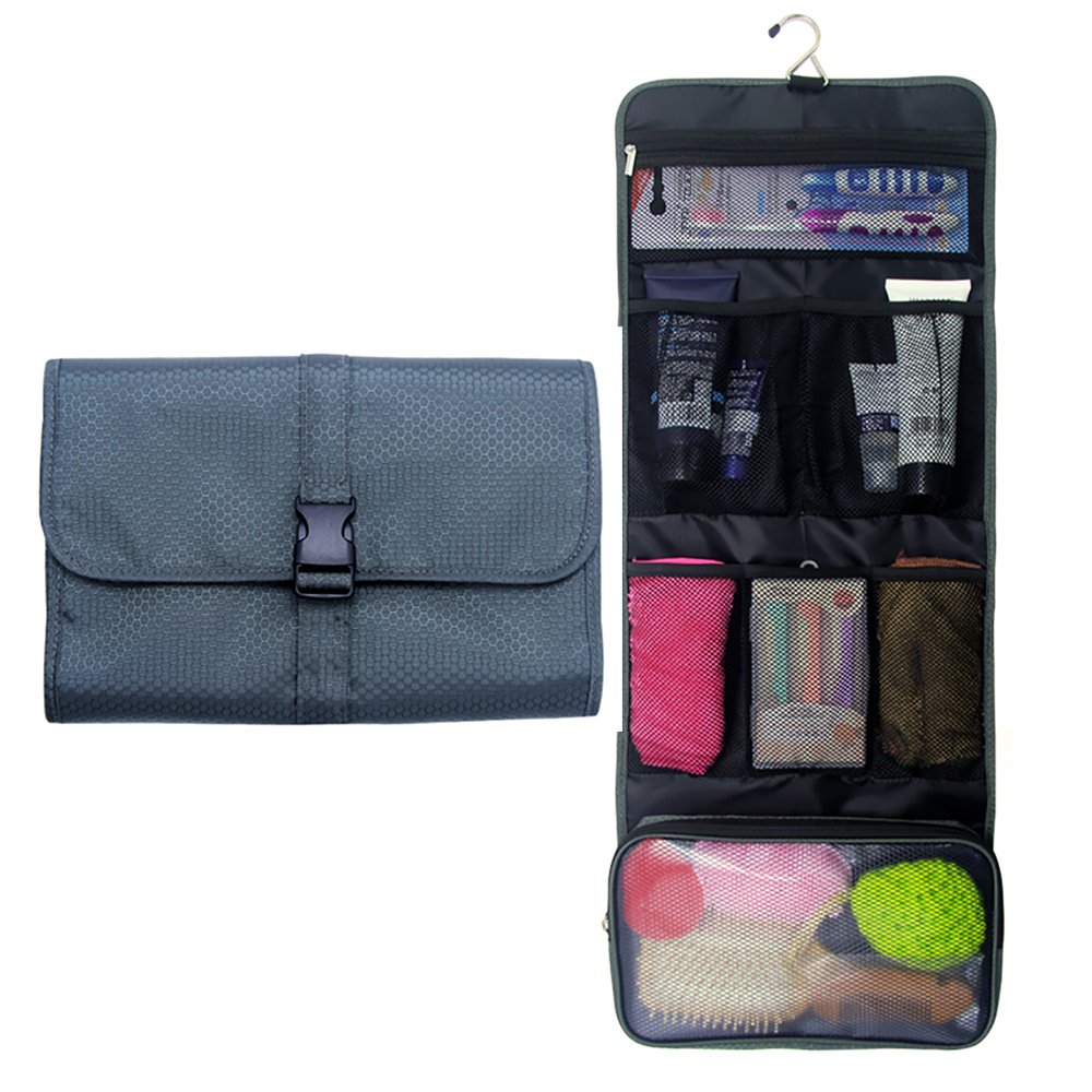 Travel Hanging Toiletry Bag Travel Kit Organizer Cosmetic Makeup Waterproof Wash Bag for Women Girls Travel Case for Bathroom Shower (Gray)