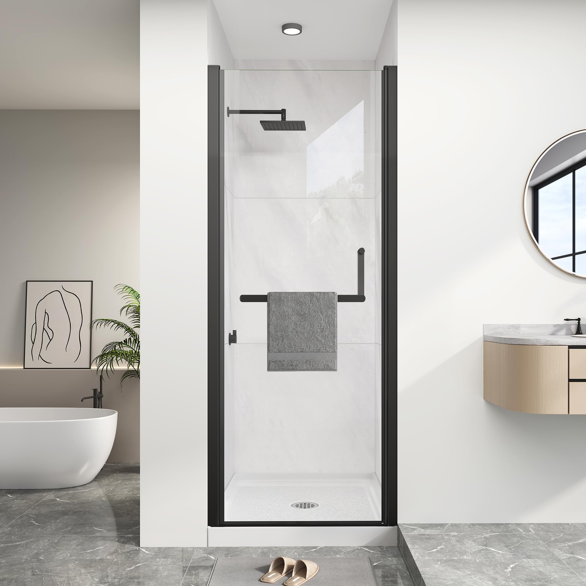 Photo 1 of KPUY Pivot Shower Door, 26-28" W x 72" H Frameless Single Swing Glass Shower Door with Explosion-Proof Film Nano Coating, 1/4" (6mm) Thick Tempered Clear Glass, Matte Black (factory sealed) opened for quality 