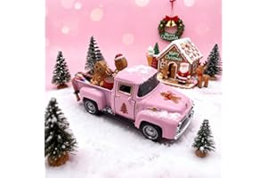 TEELORAY Pink Gingerbread Christmas Decor Vintage Farmhouse Metal Truck with Mini Xmas Tree Gingerbread Man Hot Cocoa Candy Canes Pastel Ginger Bread Christmas Table Decorations for Holiday Mantel Home Kitchen