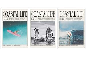 DVBOCS Retro Coastal Life Newspaper Poster Vintage 3 Set Beach Canvas Wall Art Preppy Art Surf Prints Cowgirl Aesthetic Trendy Pictures of Beachy Scenes Wall Decor Teen Girl Room 12x16in Unframed