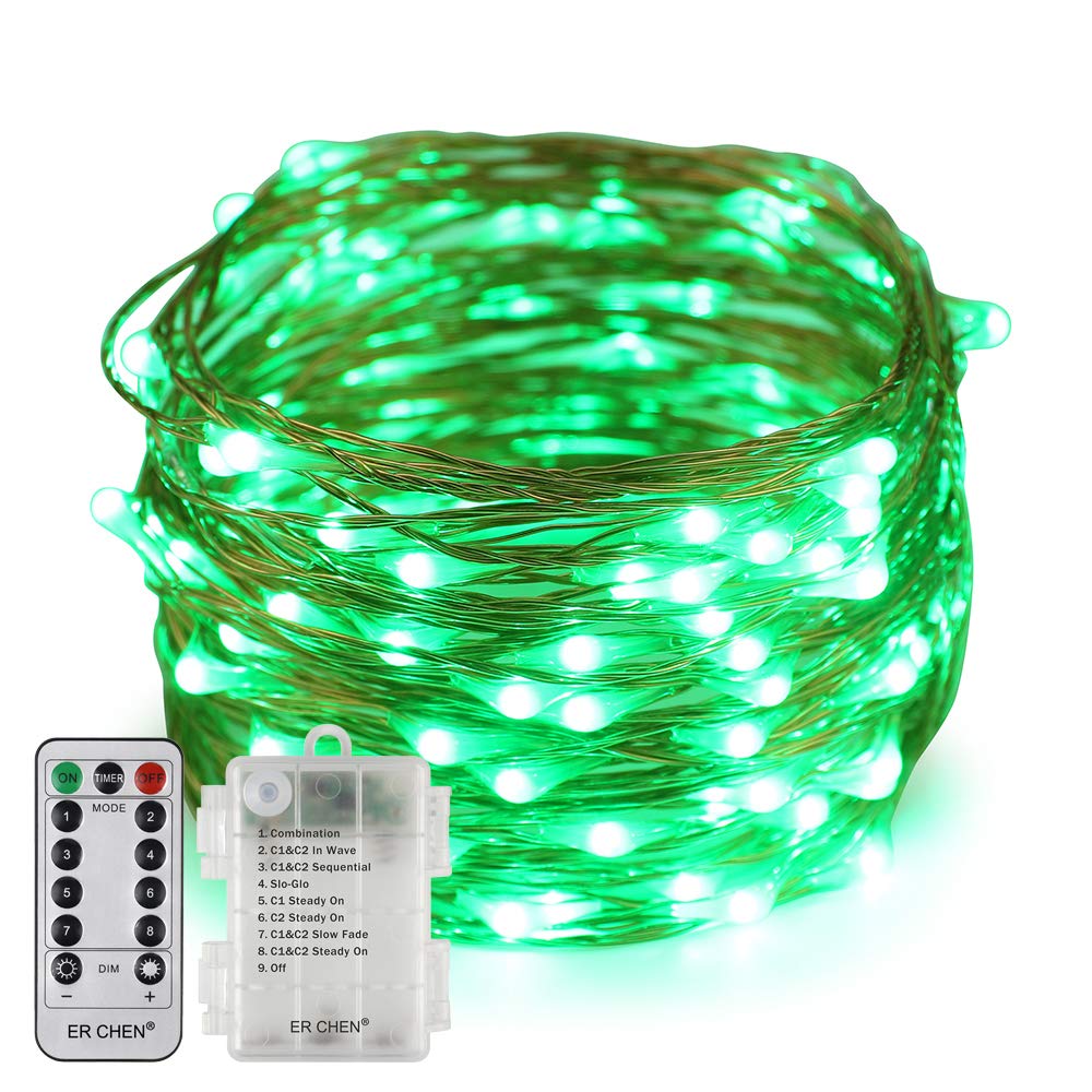 Erchen Battery Operated LED String Lights, Dimmable 33 FT 100 LED Ultra Thin Waterproof 8 Modes Timer Copper Wire Fairy Lights with 13 Key Remote Control for Indoor Outdoor Christmas Party (Green)