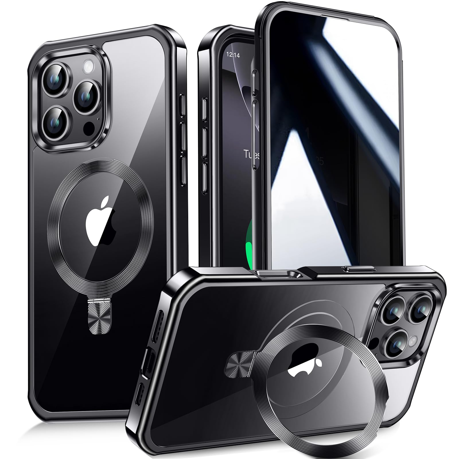 Photo 1 of [CD Metal Ring Stand + Built-in Privacy Screen Protector] Magnetic Case for iPhone 16 Pro 6.3" [Soft Bumper Full Signal] [Compatible with MagSafe] 9H Glass Full Body Shockproof Clear Case, Black