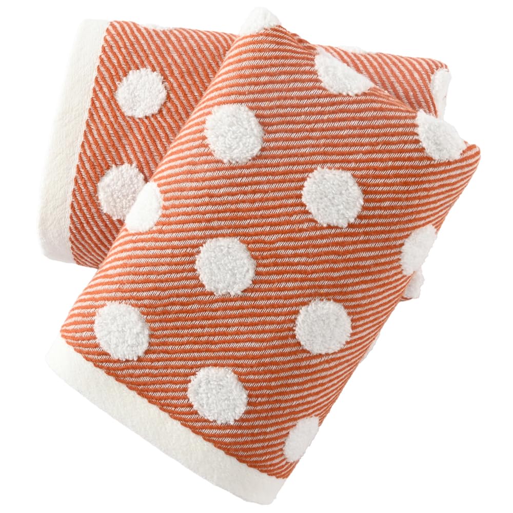 sense gnosis Orange Hand Towel Set of 2 Super Soft 100% Cotton Absorbent Jacquard Striped Pattren Lint Free White Terry Polka Dot Bath Hand Towels for Bathroom Yogo