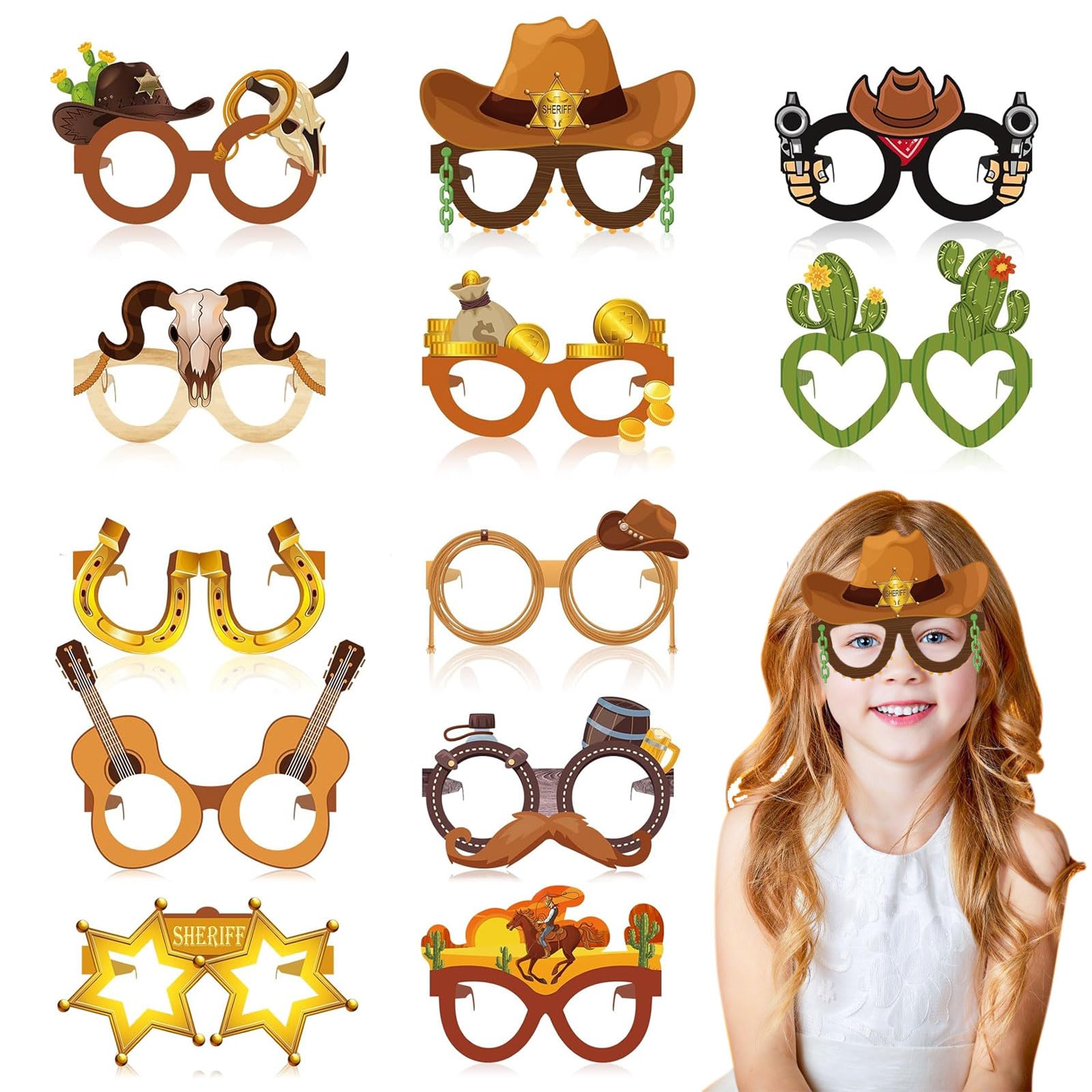 Ruispeed 24 Pcs Western Party Decoration Favors Wild West Paper Glasses Cowboy Photo Booth Props Western Theme Birthday Party Supplies