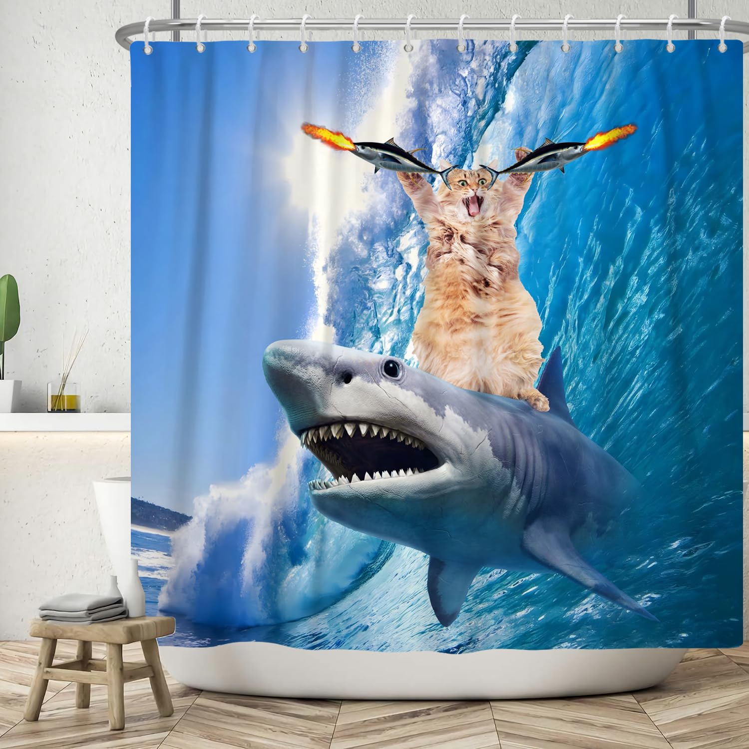 SDOTPMT 180x180cm Funny Cute Cat Shark Shower Curtain Blue Ocean Wave Bathtub Curtian Summer Cartoon Painting Bath Curtain for Kids Bathroom Decor Polyester with Hooks