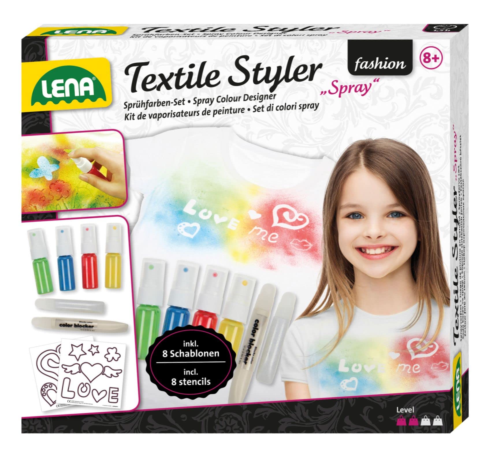 Lena 42597 Textile Styler Spray Craft Set, Complete Set with 4 Spray Colours, 1 Glitter Paint for Decorating, 8 Stencils and Contour Pen, Textile Design Set for Children from 8 Years, Textile Spray