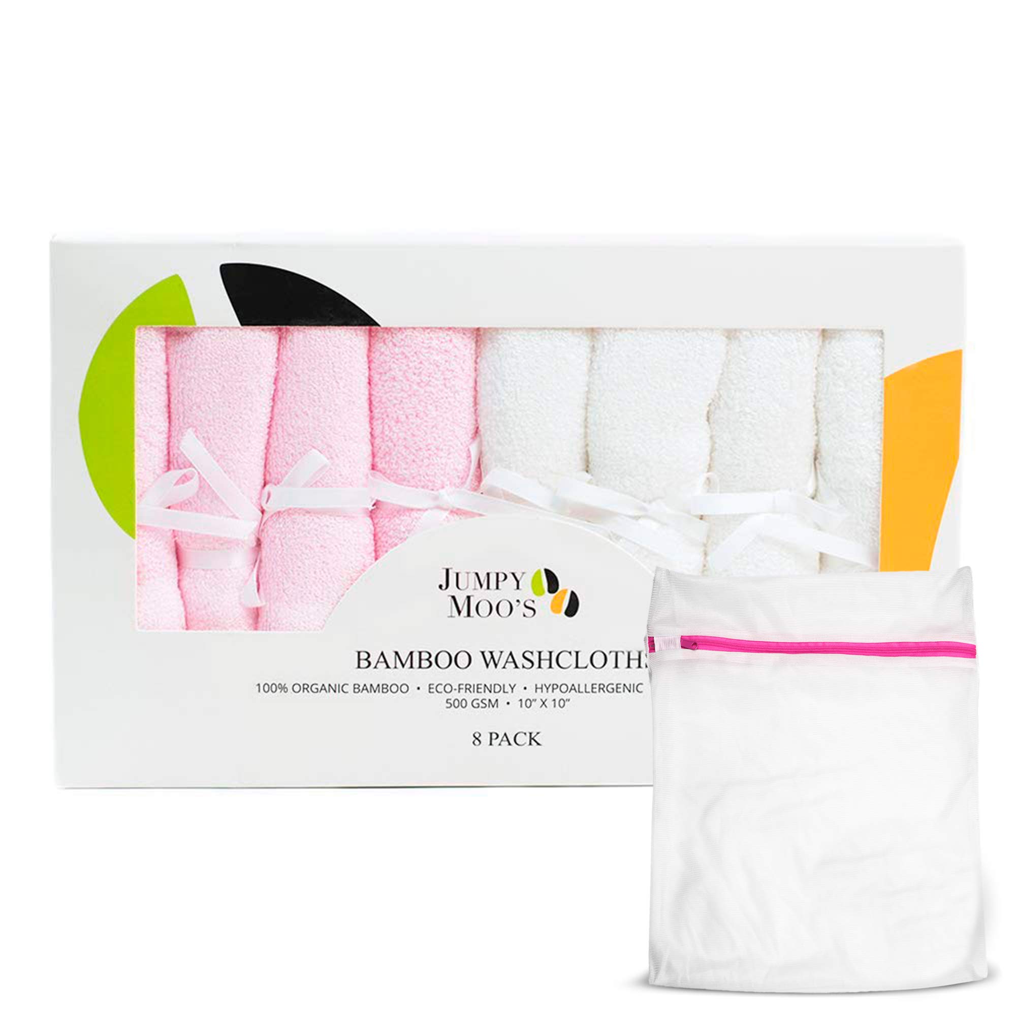 JM Bamboo Washcloths - 100% Bamboo, Ultra Thick 500gsm, 10x10 Inches, Baby Face Cloth, Flannels Face Cloth Pack 8, Gentle on Delicate Skin, Guards Against Irritations, Giftbox & Laundry Bag