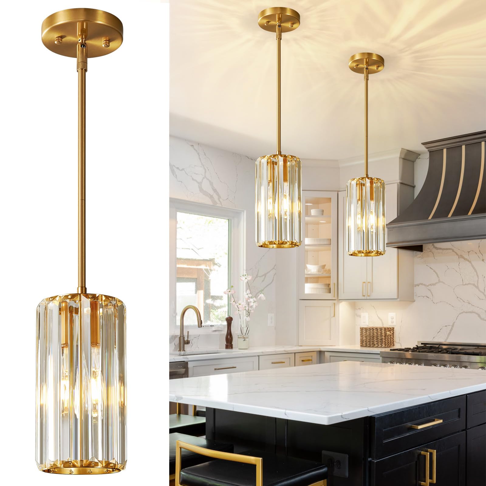 Photo 1 of zhllmq Gold Pendant Lighting Modern Pendant Light Mini Crystal Chandeliers Adjustable Pendant Light Fixture for Kitchen Island Dinning Room Corridor Bedroom(Gold 2-Pack)
