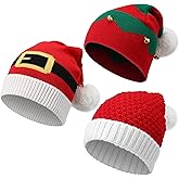 Chivao 3 Pcs 2025 Christmas Santa Elf Beanie Hat Winter Knitted Crochet Santa Xmas Hat with Pompom for Adults Women Men Gift
