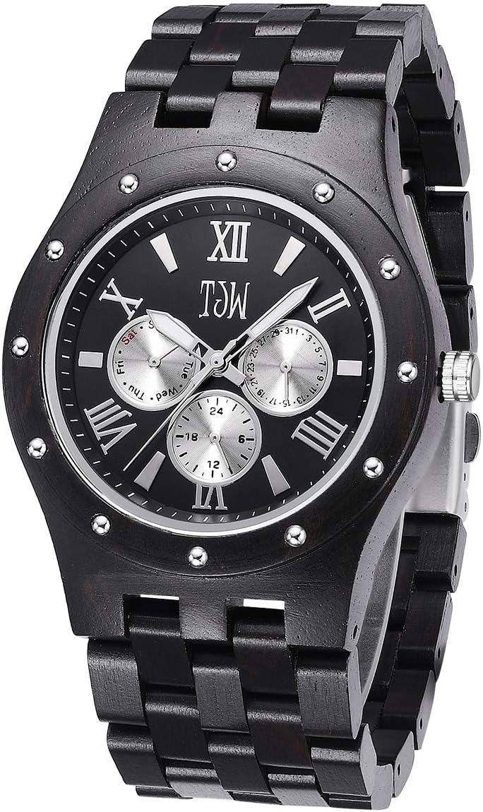 TJW Mens Natural Wooden Watches Day Date Analog Quartz Handmade Casual Wrist Watch 8010 Gift Black