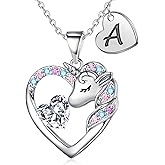 IEFRICH Valentines Gifts for Kids Girls Unicorn Necklace - Colorful CZ Heart Initial Necklaces Unicorn Necklace for Girls Jewelry Birthday Gifts for Little Girl Kids