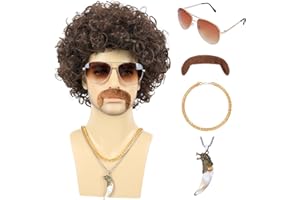 Bettecos 6pcs Set 70s 80s Disco wig with Mustache Sunglasses Necklace Golden Chain Short Curly Synthetic Hair Afro Mens Wig for 60s Rocker Hippies Costume Cosplay Halloween Party (Dark Brown)