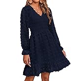 BTFBM Spring Dresses for Women 2026 Long Sleeve Casual V Neck Swiss Dot Smocked Ruffle Chiffon Flowy Mini Summer Dress