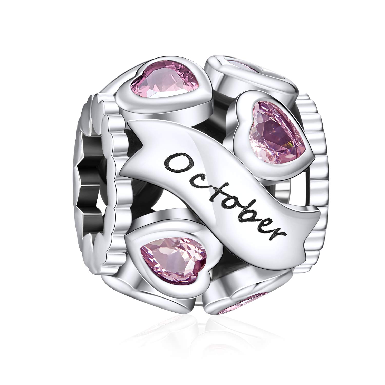 NINGAN Birthstone Charms for Bracelets-925 Sterling Silver Openwork Bead Charms, Love Heart Charms for Bracelets and Necklaces, Happy Birthday Gifts for Women Girls (October)