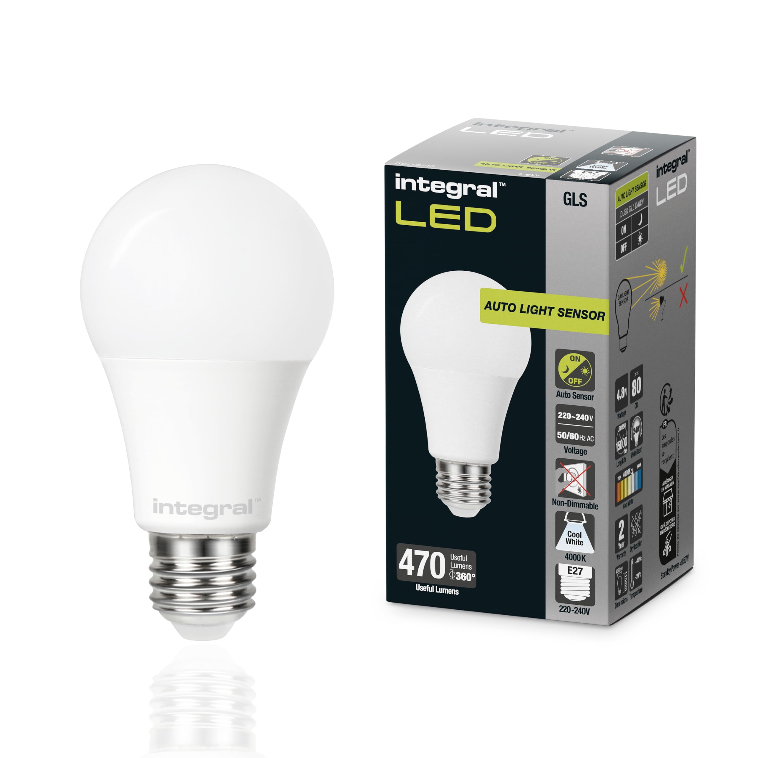 Integral LED E27 Non-Dimmable Dusk to Dawn Dual Sensor Frosted GLS Bulb – Cool White 4000K, 470lm, 4.8W (40W Equivalent) - Energy efficient & Ideal for Outdoor, Porch, Garage, Garden, Patio