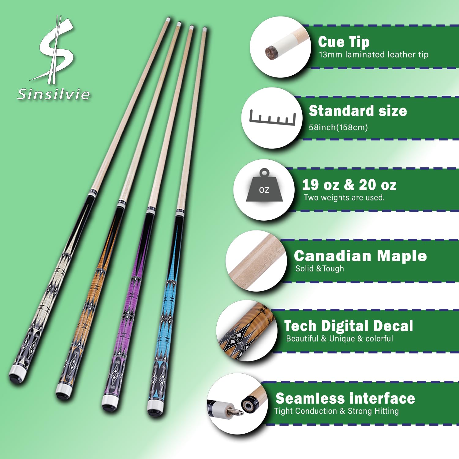 Set Di 4 Stecche Da Biliardo Americane 58 Pollici - House Pool Cues, Punta In Pelle 13 Mm, Acero Canadese, Manico Nero