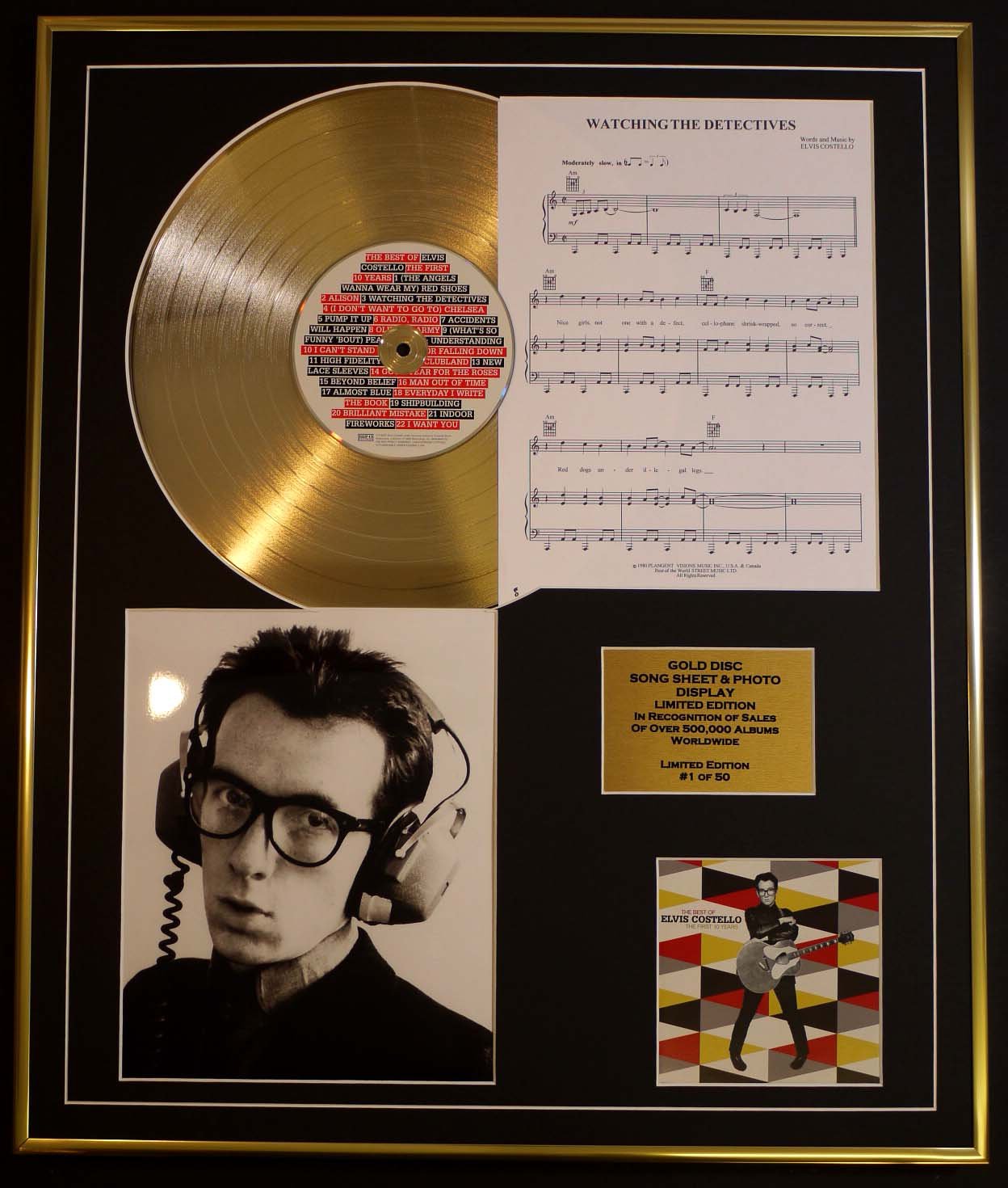 ELVIS COSTELLO/CD GOLD DISC, SONG SHEET & PHOTO DISPLAY/LTD. EDITION/COA/ALBUM, BEST OF FIRST 10 YEARS/SONG SHEET, WATCHING