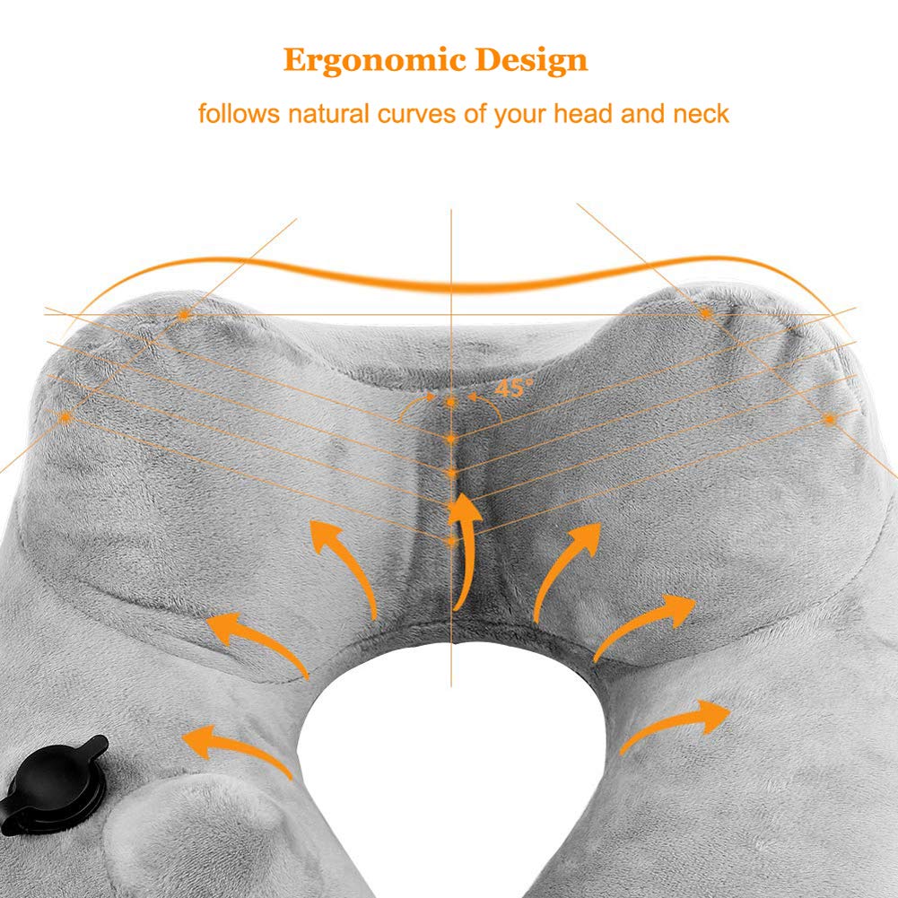 Air Travel Pillow Inflatable Neck Pillow - 2019 Newest Airplane Travel Pillow with Super Soft Velour Cover - Ergonomic Double Humps Head Chin Support Car Pillow Comfortable Space-efficient (Gray)