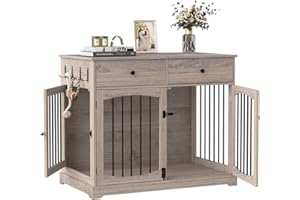 BREEZEHEAT 40 inch Dog Crate Furniture-Farmhouse Dog Kennel with Drawers-End Table Wooden Pet Crate, Double Door Design, Decorative Dog House Indoor for Small Medium Large Dog, Oak Grey