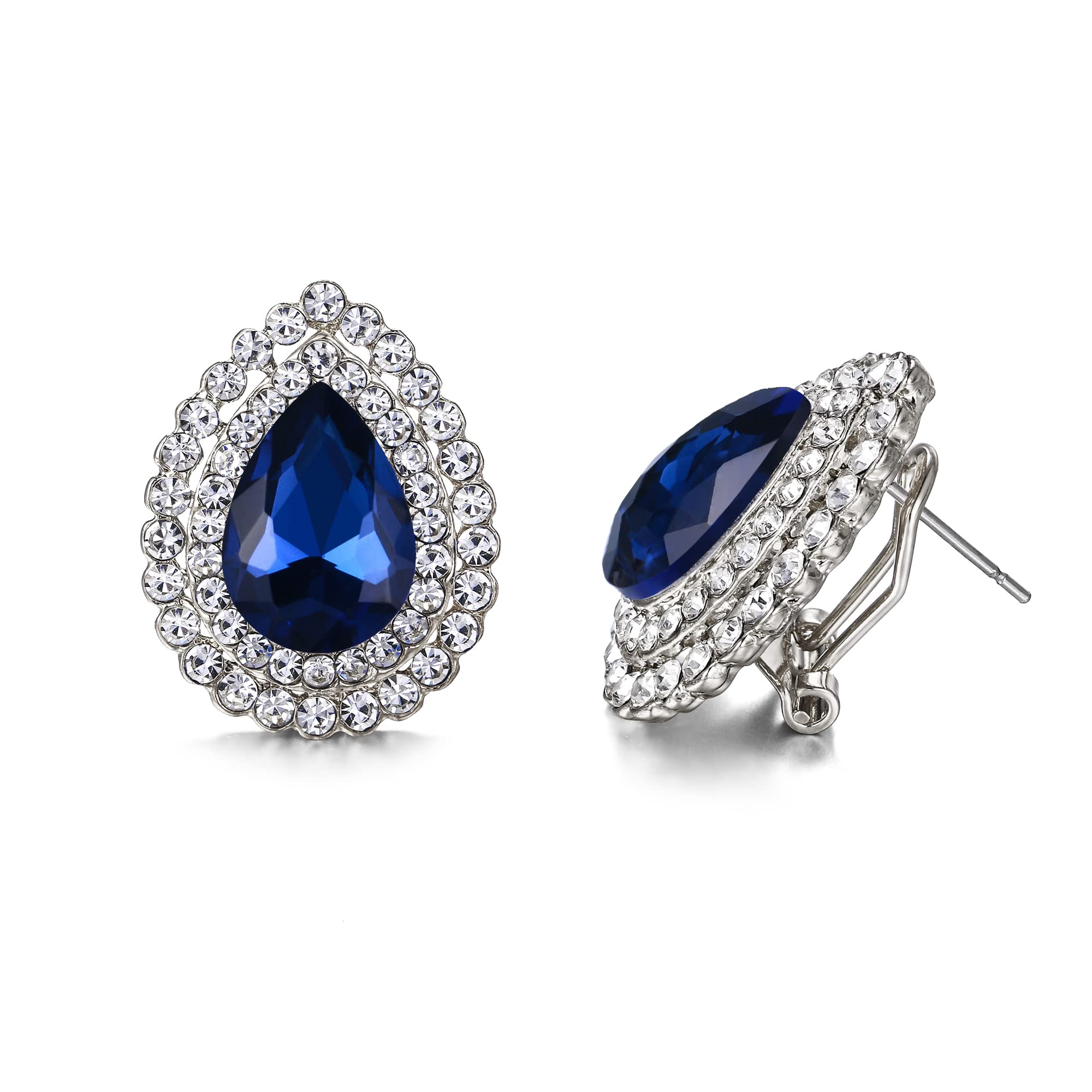 EVER FAITH Women's Austrian Crystal Stud Earrings Jewelry, Elegant Teardrop Rhinestone Earrings Jewelry for Prom Sapphire Blue Silver-Tone
