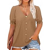 Beautife Womens Plus Size Tunic Tops V Neck Short Puff Sleeve Tops Casual Summer Eyelet Blouses