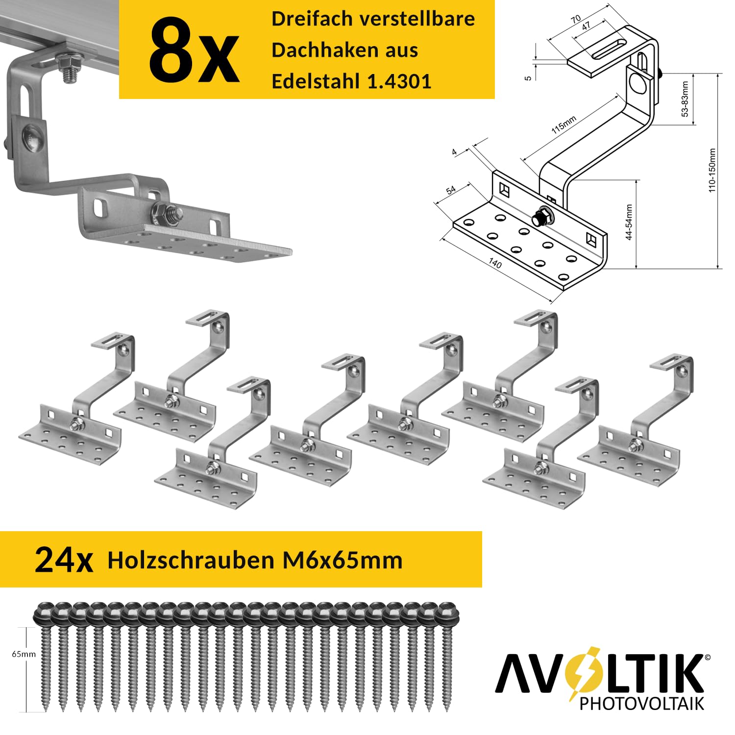 Avoltik Solar Halterung Ziegeldach I Set für 2 PV Module 30-40mm I Solarmodul Halterung Balkonkraftwerk I Solarmodulbefestigungsset für Ziegeldächer aus Edelstahl 1.4301 I PV-Halterung Montageset 2