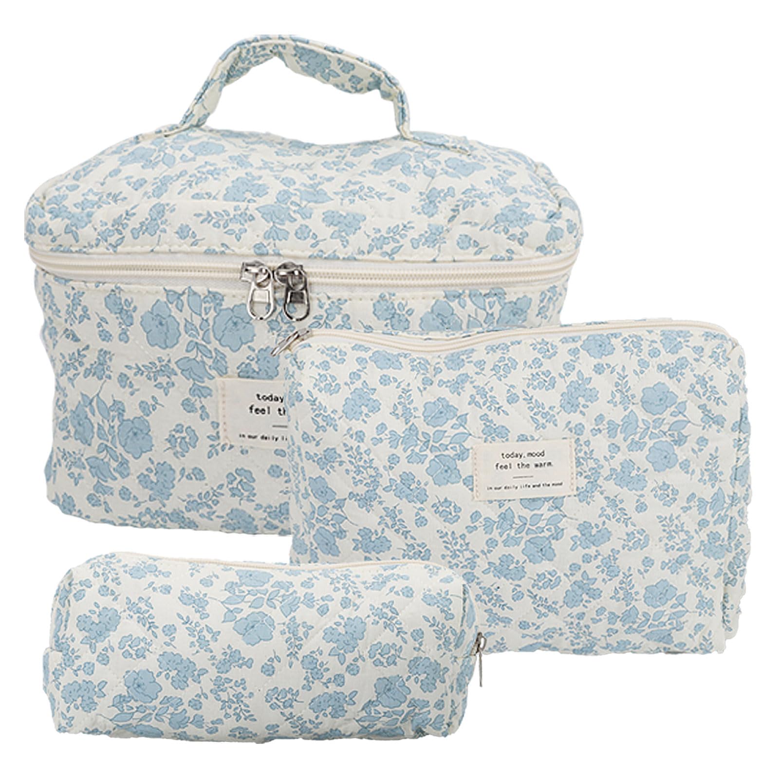 Yabound Coquette Makeup Bag - Portable Travel Toiletry Set, Aesthetic Floral Pattern, Large Capacity Cotton Quilted Makeup Wash Bag Organizer for Women, Ladies, Girls (Style A)