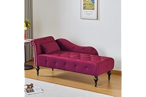 RARZOE Upholstered Velvet Roll Arm Chaise Lounge Indoor Chair, Button Tufted Right Arm Facing Chaise Lounges Chair with Nailhead Trim for Living Room Bedroom Office(Burgundy)