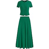 PRETTYGARDEN Women's 2 Piece Skirt Sets Summer Short Sleeve Button Up Knit Crop Top Flowy Maxi Skirts Travel Vacation Outfits