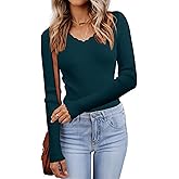 LUXVEER Women's V Neck Scalloped Sweaters Long Sleeve Ligheweight Shirts 2026 Fall Fashion Knitted Tops