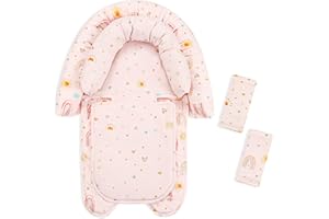 CARUILI Baby Car Seat Head Support & Strap Covers, Upgraded 2-in-1 Infant Car Seat Insert Cushion for Newborn Girls, Perfect for Carseat, Stroller, Swing, Extra Soft, Pink