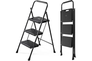 SMUG Step Ladder, 3 Step Stool Foldable with Anti-Slip Pedal & Comfortable Handrail, 800lbs Capacity Sturdy Steel Ladder, Protable Heavy Duty Step Stool for Kitchen, Garage & Outdoor Use, Black