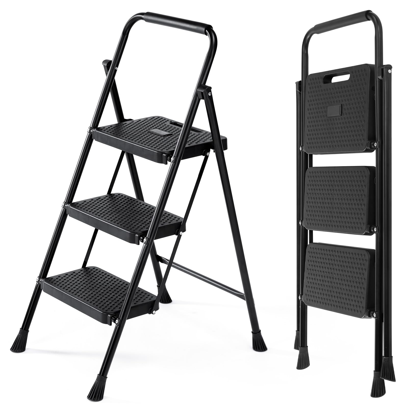 Smug Step Ladder, 3 Step Stool Foldable with Anti-Slip Pedal & Comfortable Handrail, 800lbs Capacity Sturdy Steel Ladder, Protable Heavy Duty Step Stool for Kitchen, Garage & Outdoor Use, Black Image