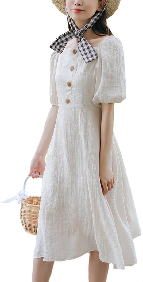 Amazon Assky ワンピース ロング丈 リネン風 森ガール 復古 スクエアネック ハイウェスト パフスリーブ 半袖 シルエット シャツ ワンピース イブニングドレス 通販