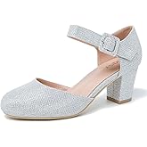 Women's Ankle Strap Pumps Closed Round Toe Buckle Low Chunky Block Heel D'Orsay Sandals Comfortable Dress Wedding Party Office Shoes