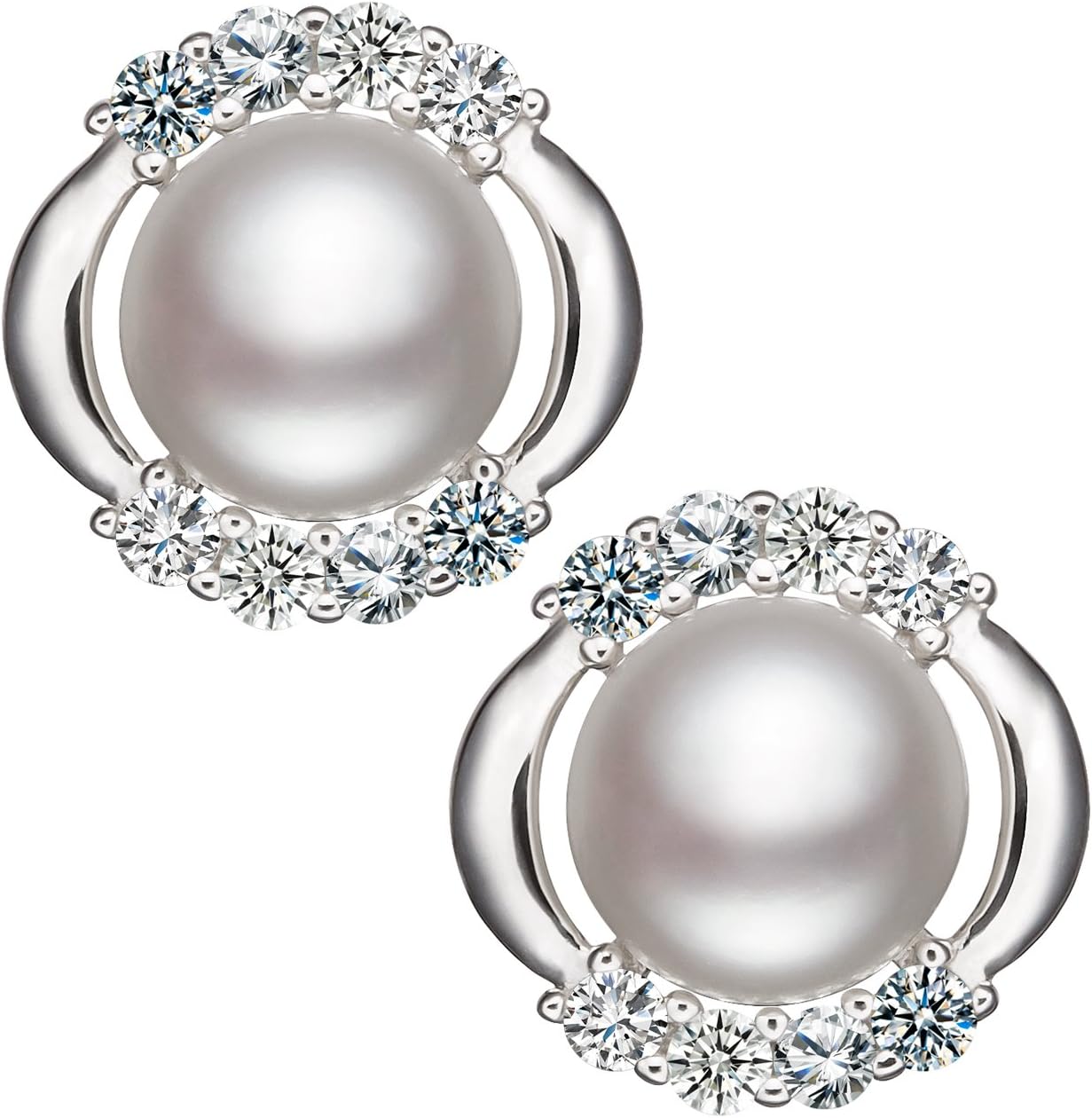 OREOLLE Sterling Silver Round Cubic Zirconia Stud Freshwater Cultured Pearl Earrings - AAA Quality