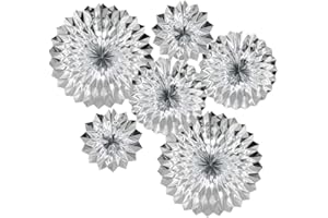 ADLKGG Hanging Paper Fans Party Set, Silver Round Pattern Paper Garlands Decoration for Birthday Baby Shower Graduation Retirement, Set of 6
